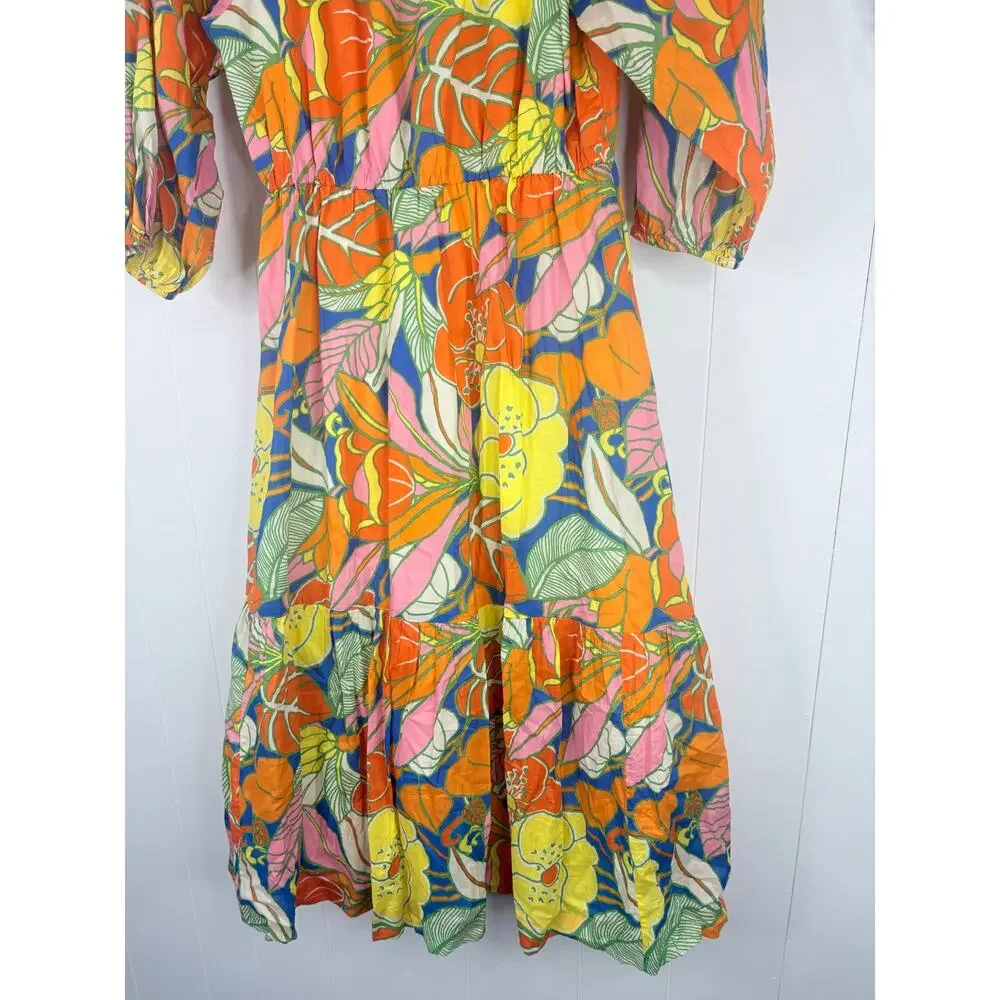 J. Crew Tropical Floral Midi Dress Small Ruffle Off Shoulder Summer Vacation